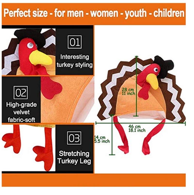 Asekonc Plush Turkey Thanksgiving Hat With Head, Legs And Tail Fancy Dress Accessory,Thanksgiving Party Costume, Outfit and Dress - Image 4